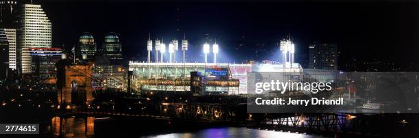 General view of the Great American Ball Park and the Cincinnati night skyline during the National League game between the Houston Astros and the...