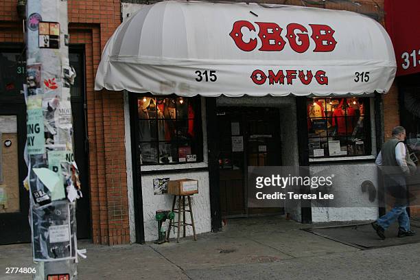 General view outside of CBGB's bar on the corner of E 2nd St and the Bowery, November 30, 2003 in New York City. The intersection will be renamed in...