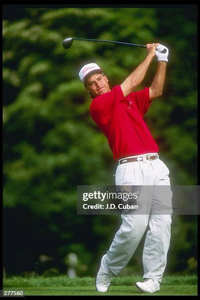 Trevor Dodds watches the ball fly during the Nissan Los Angeles Open at the Riviera Country Club in Los Angeles, California. Mandatory Credit: J.D....