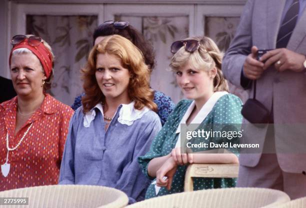 Diana Princess of Wales with Sarah Ferguson watches Prince Charles playing polo at Guards Polo Club on Smiths Lawn in June 1982 in Windsor, Berkshire.