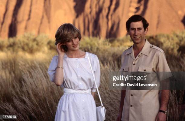 Diana Princess of Wales and Prince Charles in front of Uluru/Ayers Rock near Alice Springs, Australia during the Royal Tour of Australia, 21st March...