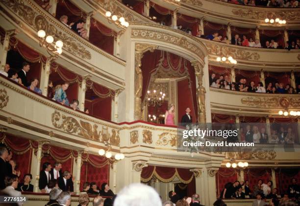 Diana Princees of Wales and Prince Charles enter the Royal box at the La Scala opera house on April 20, 1985 in Milan, Italy, during the Royal Tour...