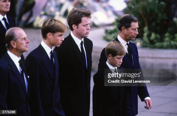 Princess Diana's Family members, Prince Philip, Duke of Edinburgh, Prince William, the 9th Earl Charles Spencer, Prince Harry, and Prince Charles,...