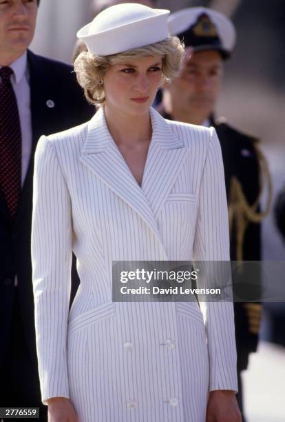 Diana Princess of Wales arrives at the naval base on April 20, 1985 in La Spezia, Italy during the Royal Tour of Italy. Diana wore a dress by...