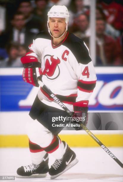 Defenseman Scott Stevens of the New Jersey Devils moves down the ice during a game against the Colorado Avalanche at the Continental Airlines Arena...