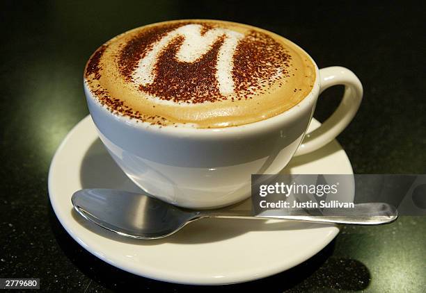 Cappuccino is seen on display at the opening of a new McCafe coffeehouse December 3, 2003 in Mountain View, California. The newest McCafe is the...