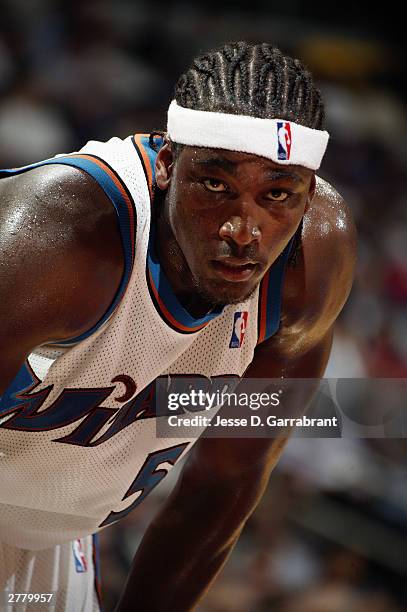 Kwame Brown of the Washington Wizards looks on during the Cleveland Cavaliers during the game at MCI Center on November 19, 2003 in Washington, D.C....