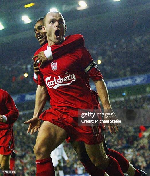 Danny Murphy of Liverpool celebrates after scoring the equalising goal during the Carling Cup fourth round match between Liverpool and Bolton...