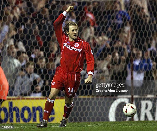 Gaizka Mendieta of Middlebrough celebrates scoring the winning penalty against Everton during the penalty shoot out in the Carling Cup fourth round...