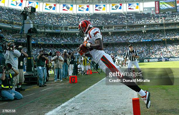 Chad Johnson of the Cincinnatti Bengals gets his toes in the end zone to score a touchdown against the San Diego Chargers on November 23, 2003 at...