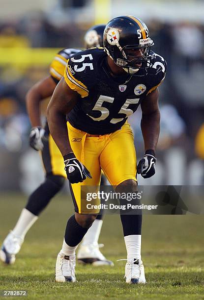 Linebacker Joey Porter of the Pittsburgh Steelers gets ready to make a play during the game against the Arizona Cardinals on November 9, 2003 at...