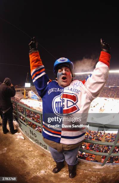 Fan shows his support for both the Edmonton Oilers and the Montreal Canadiens during the Molson Canadien Heritage Classic in Commonwealth Stadium on...