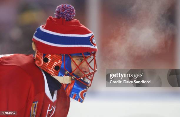 Goalie Jose Theodore of the Montreal Canadiens on the ice during the game against the Edmonton Oilers at the Molson Canadien Heritage Classic on...