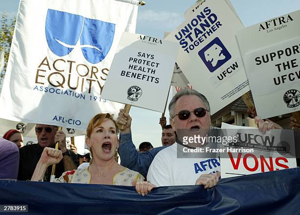 President actress Melissa Gilbert and AFTRA President actor John Connolly, along with other SAG and AFTRA members, join striking UFCW Picket Lines...