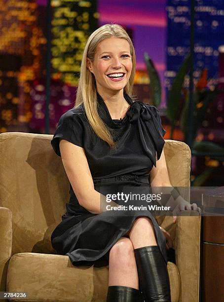 Actress Gwyneth Paltrow , expecting her first child with Coldplay's Chris Martin, appears on "The Tonight Show with Jay Leno" at the NBC Studios on...
