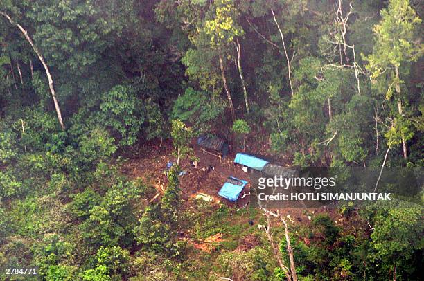 An aerial view of one of Free Aceh Movement separatist rebels camp were taken from Indonesian military helicopter at Matai Ie Mountain in Aceh Besar,...