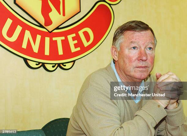 Sir Alex Ferguson during the press conference prior to tomorrow's game between Manchester United and Aston Villa at Carrington Training Ground,...