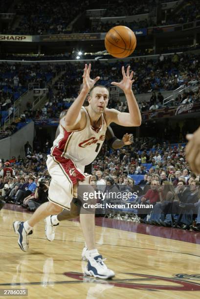 Zydrunas Ilgauskas of the Cleveland Cavaliers catches the ball against the Minnesota Timberwolves during the game at Gund Arena on November 21, 2003...
