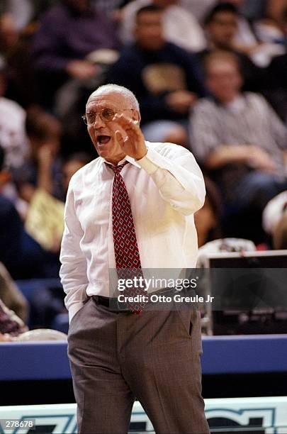 Fresno State Bulldogs head coach Jerry Tarkanian yells during a game against the San Jose State Spartans at the Event Center in San Jose, California....