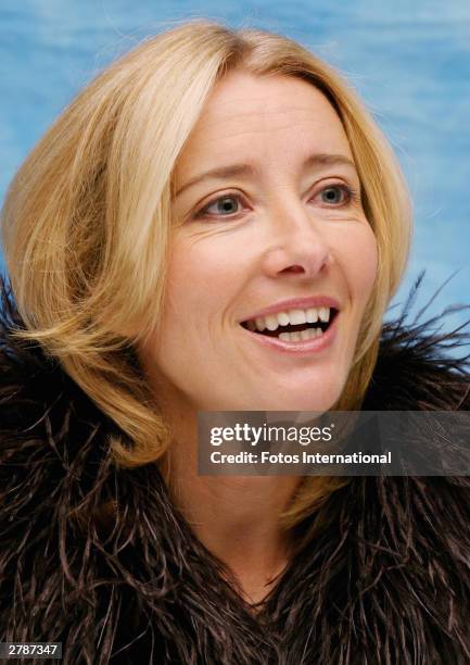 Actress Emma Thompson answers questions from the press at a junket for her new film "Love Actually" at the Dorchester Hotel October 11, 2003 in...