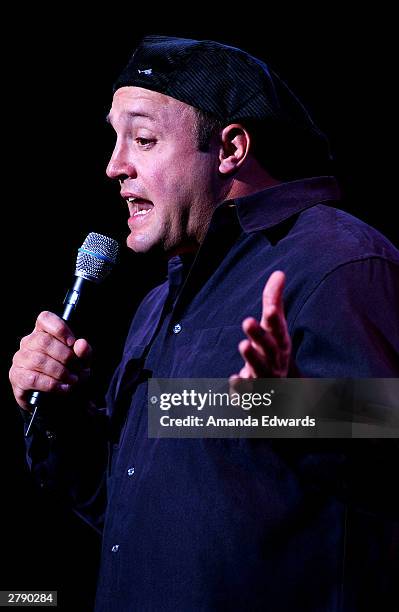Comedian Kevin James performs onstage at the "Rx Laughter" fundraiser on December 6, 2003 at UCLA's Royce Hall, in Westwood, California.