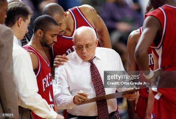 Freson State Bulldogs head coach Jerry Tarkanian confers with his players during a game against the San Jose State Spartans at the Event Center in...