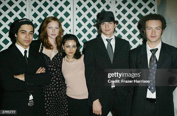 Actors Wilmer Valderrama, Laura Prepon, Mila Kunis, Ashton Kutcher and Danny Masterson pose backstage at the Church of Scientology's 11th Annual...