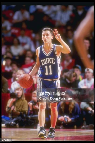 Guard Bobby Hurley of the Duke Blue Devils moves the ball during a game against the Maryland Terrapins. Mandatory Credit: Doug Pensinger /Allsport