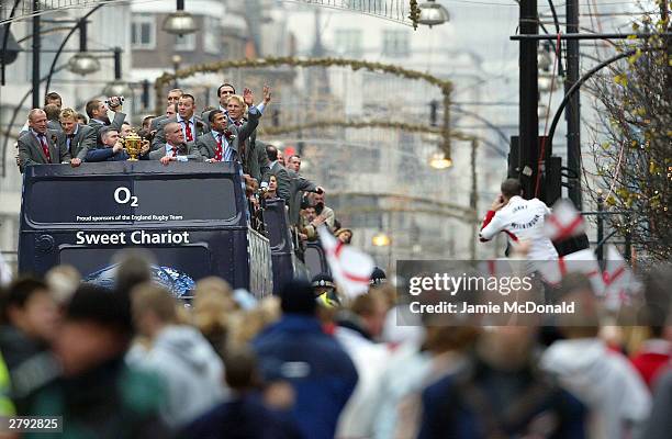 The England Rugby Team pass through Oxford Circus during the England Rugby World Cup team victory parade December 8, 2003 in London. Up to half a...