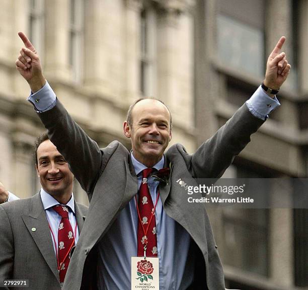 Clive Woodward, the England rugby manager celebrates during the England Rugby World Cup team victory parade on December 8, 2003 in London. Up to half...