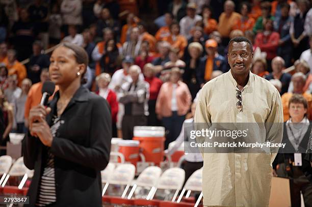 Tamika Catchings speaks to the crowd during a half-time ceremony retiring her college jersey December 7, 2003 at Thompson-Boling Arena in Knoxville,...