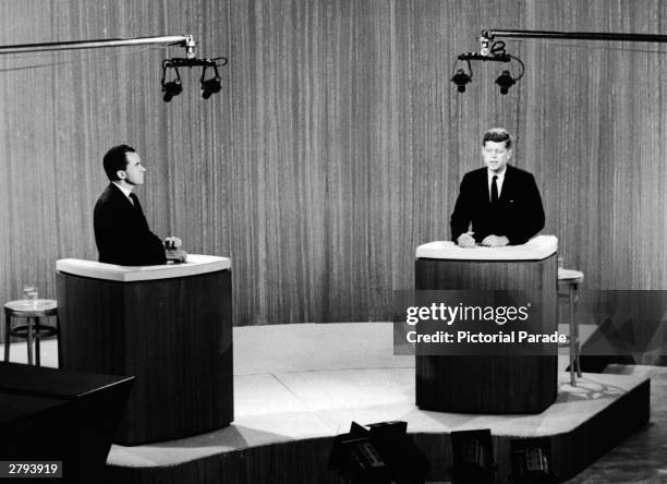 Presidential candidates, Senator John F. Kennedy and Vice President Richard M. Nixon at the fourth and last of their televised presidential debates,...
