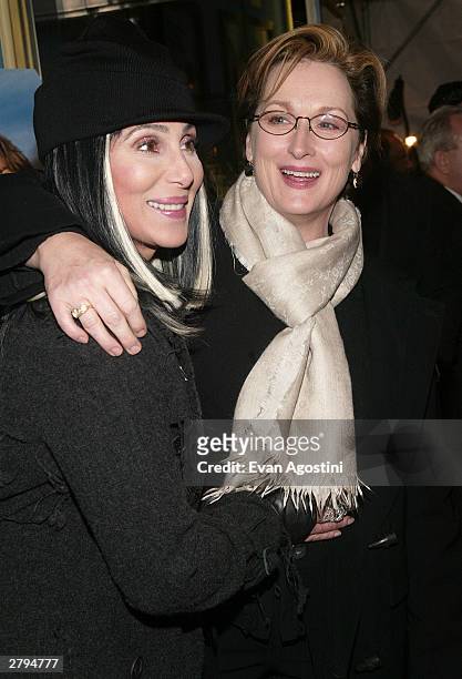 Actresses Meryl Streep and Cher arrive at the 20th Century Fox film premiere of "Stuck On You" December 8, 2003 in New York City.