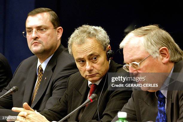 Enlargement Commissioner German Gunter Verheugen , Italian Secretary of State Roberto Antonione and European Integration Minister Romanian Alexandru...