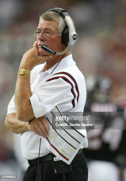 Head coach Dan Reeves of the Atlanta Falcons watches from the sideline against the Washington Redskins on September 14, 2003 at the Georgia Dome in...