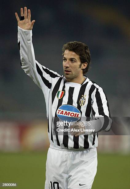 Alessandro Del Piero of Juventus celebrates scoring against Olympiakos during the UEFA Champions Group D match between Juventus and Olympiakos at...