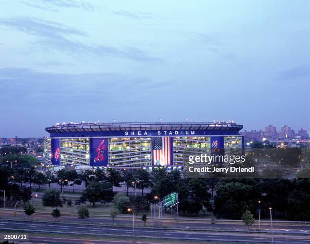 Exterior view of Shea Stadium at dusk during the National League game between the Philadelphia Phillies and the New York Mets at Shea Stadium on July...
