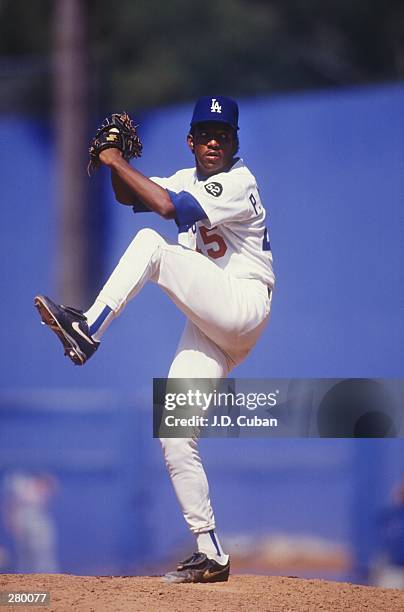 Pitcher Pedro Martinez of the Los Angeles Dodgers in action against the Montreal Expos at Dodgers stadium in Los Angeles, California.