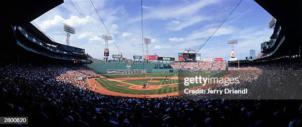 General view of Fenway Park from behind home plate lower level during the American League game between the Boston Red Sox and the New York Yankees at...