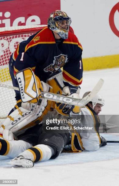 Goalie Roberto Luongo of the Florida Panthers tangles with Center Travis Green of the Boston Bruins in NHL action on December 10, 2003 at the Office...