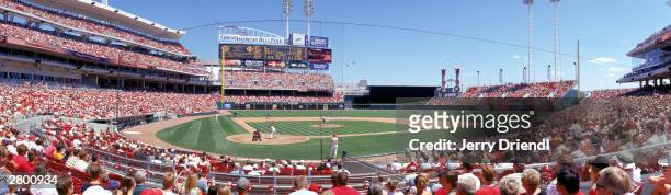 General view of the Great American Ball Park from the first base line lower level during the National League game between the Cincinnati Reds and the...