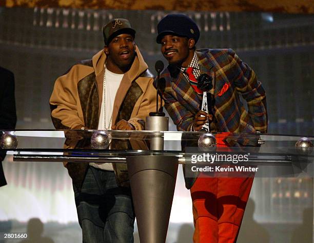 Winners for 'Digital Track of the Year', Big Boi and Andre 3000 of OutKast speaks onstage during the 2003 Billboard Music Awards at the MGM Grand...