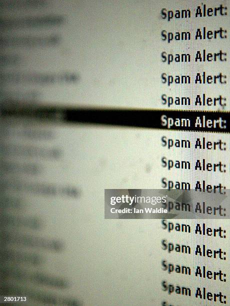 An email server shows alerts for spam, or unwanted emails, on a computer screen December 11, 2003 in London. New European laws which come into effect...