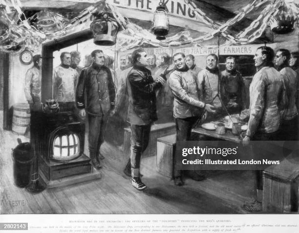 Scene of jollity during Scott's first Antarctic expedition. The officers visit the men's quarters on the Discovery, during a celebration of the polar...