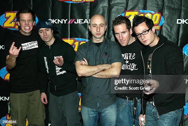 Rock Group Simple Plan pose backstage at the Z100 Jingle Ball 2003 at Madison Square Garden December 11, 2003 in New York City.
