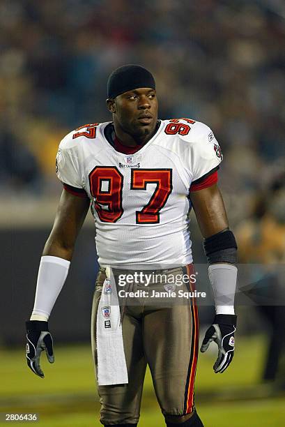 Defensive end Simeon Rice of the Tampa Bay Buccaneers on the sideline during the game against the Jacksonville Jaguars on November 30, 2003 at Alltel...