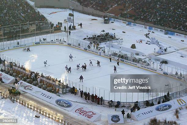 General view from stands of the Montreal Canadiens taking on the Edmonton Oilers during the Molson Canadien Heritage Classic Megastars Game on...