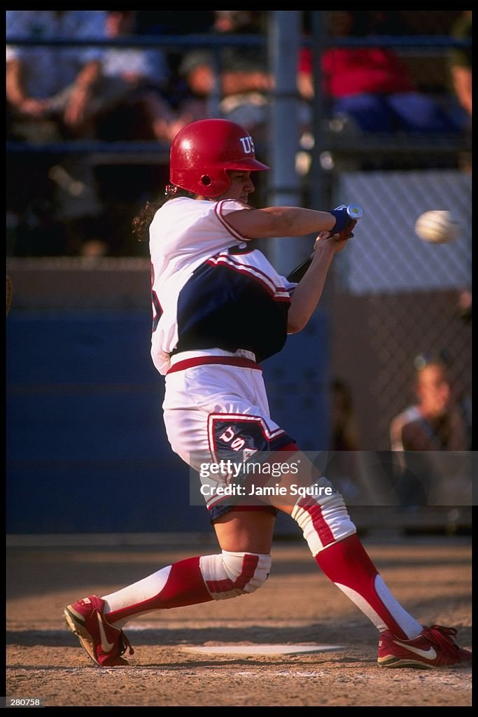 USA softball team member Michelle Venturella swings during a game ...