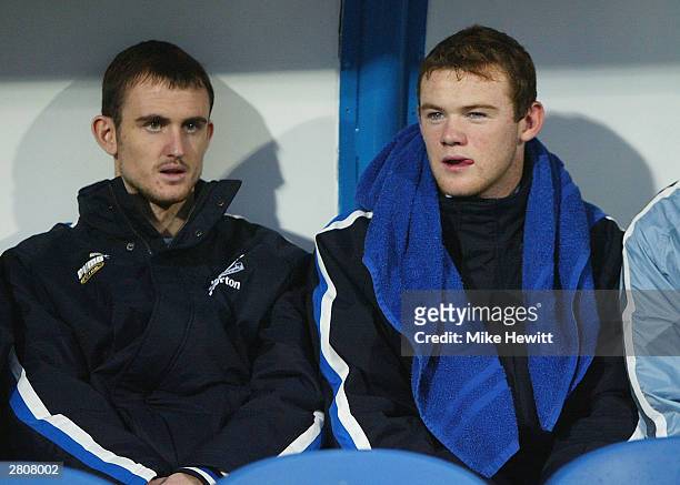 Wayne Rooney and Francis Jeffers of Everton wait on the bench before kick-off in the FA Barclaycard Premiership match between Portsmouth and Everton...