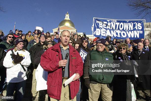 Bill Dean, brother of democratic presidential front-runner Howard Dean, campaigns for his brother at a rally on the steps of the Massachusetts...